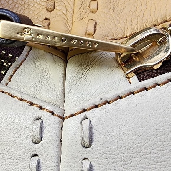 B Makowsky Cream/Brown/Caramel Smooth Leather Large Tote Shoulder Bag EUC - Picture 17 of 17